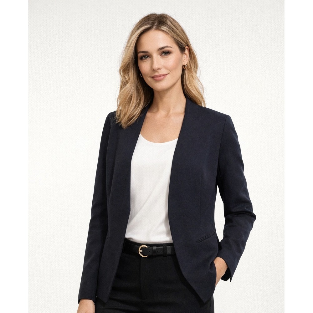 Theory Women's Navy Sevona Stretch Virgin Wool Open Career Blazer Size 10